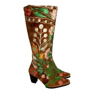 Rockwell Tharp Brown Floral Embroidered Tall Boots Zipper Back Women's 37 (US 7)